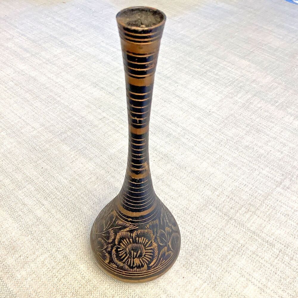 Vintage India Vase Floral Black Metal Gold Tone MCM 7.5 ” Engraved Boho Decor